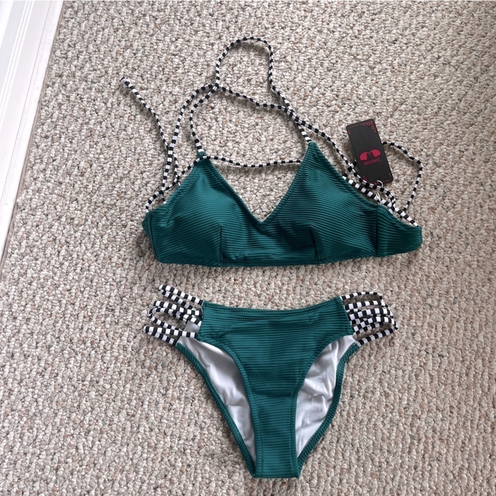Bikini Green Ribbed Material straps black & white stripes NWT size Small